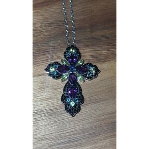DK Sterling Silver Large Multi Gemstone Cross 10.95 ctw 18" Adjustable Chain